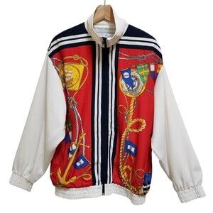 The La Costa Spa Jacket Womens Sz L White Red Multi Zip Nautical Windbreaker Vtg